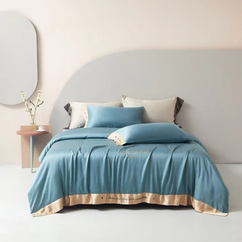 2023 štyri-dielna posteľná bielizeň jednoduché bavlny, dvojité domácnosti posteľ list deka kryt vyšívané keper pohodlné lôžka svetlo modrá