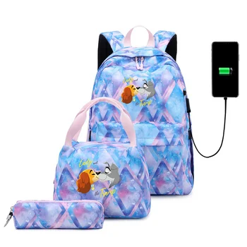 3ks Disney Lady a Tramp Unisex Batoh College School Bag USB Nabíjanie Bookbag Mochila Dospievajúci Chlapec Dievča Cestovný Batoh