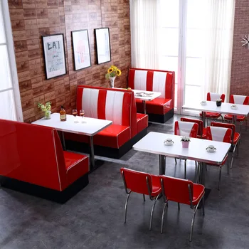 Americký kožený retro jedálenské stoličky červená lesklá koža mäkká taška z nehrdzavejúcej ocele hamburger reštaurácia späť reštaurácia stoličky
