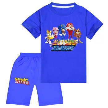 Cartoon Sonic Detí Vyhovovali Chlapcov a Dievčatá Oblek-Krátke rukávy Šortky 2-dielna Sada Bežné v Pohode