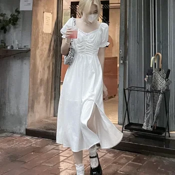 HOUZHOU Fairycore Biele Šaty Žien Lístkového Rukáv kórejský Streetwear Módy Elegantné Party Dlhé Šaty Korzet Štrbinou Sukne Estetické