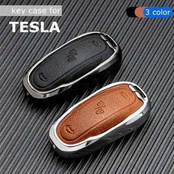 Kožené Tlačidlo Puzdro Pre Tesla Model 3 Y X Diaľkové Fob Shell Držiteľ Taška Keychain Príslušenstvo