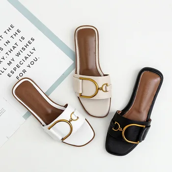 Letné Ženy Papuče Kožené Štvorcové Prst Ženy Bytov Flip Flops Dizajnér Dámy Listov Sandále Dámske Topánky Luxusné Sandále