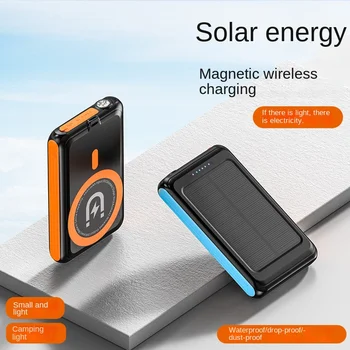 Mini Solar Power Bank 5000mAh Magnetické 5W Bezdrôtový Rýchle Nabíjanie Mobilného Telefónu Mobilné Napájanie Outdoor Camping LED Baterka