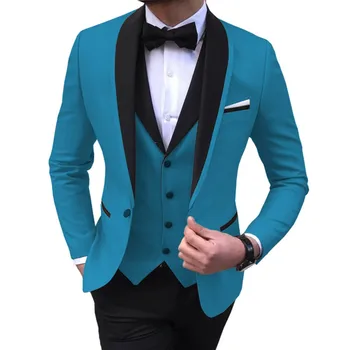 Modrá Štrbinou Pánske Obleky 3 Ks Čierna Šatka Klope Bežné Tuxedos pre Svadobné Groomsmen Obleky (Sako+Vesta+Nohavice)