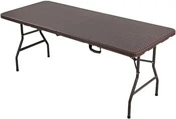 Multi-účel skladací stôl, ratanový imitácia Camping záhrada stolík, Obdĺžnikový skladací stôl s ocele a rukoväťou štruktúra, podporuje až 150 kg, Hnedé, notebook, ca 180*76*74 cm