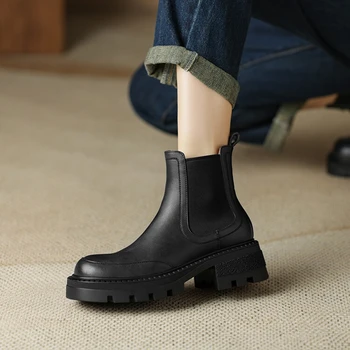 NOVÉ Jeseň Ženy Topánky Split Kožené Topánky pre Ženy Kolo Prst Hrubé Päty Topánky Zimné Chelsea Boots Black Platformu Topánky Ženy