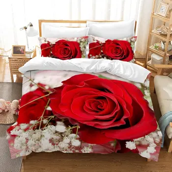 Ruže Kvet Perinu Nastaviť Twin Kráľovná Kráľ Mikrovlákno posteľná bielizeň Nastaviť Na Valentína, Deň matiek Denne Polyester Deka Kryt