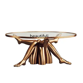 yj Svetlo Luxusné talianske FRP Tvorivé Nohu Čaj Stôl Umenie Pokovovanie Mosadz okrúhly Sklenený Stôl